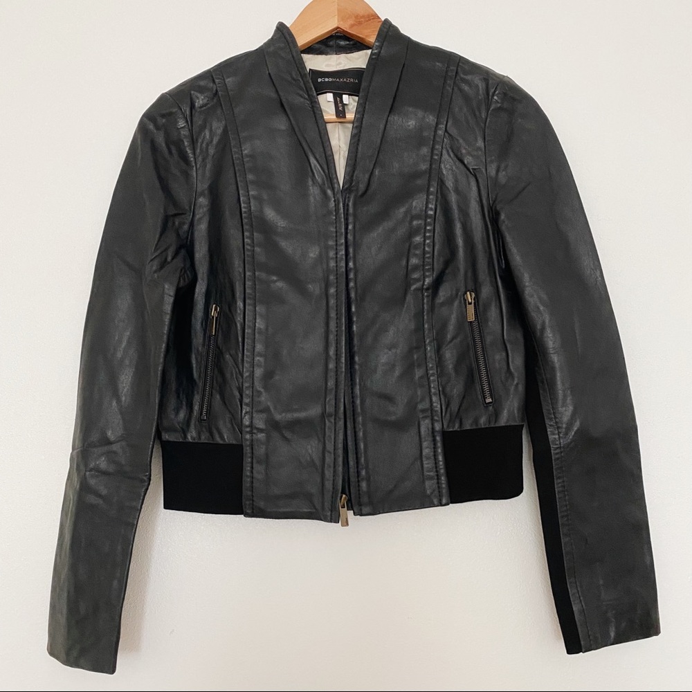 NWOT BCBG BLACK LEATHER BOMBER JACKET ZIP UP FALL WINTER WARDROBE  Sz S
